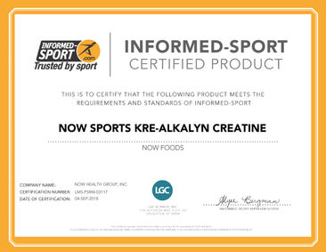Now Kre-Alkalyn Creatine certificate
