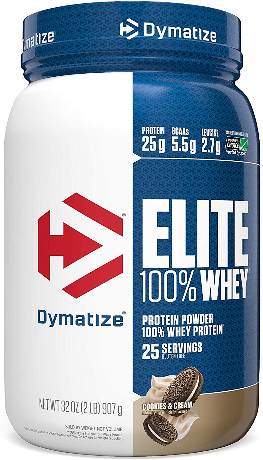 Dymatize Elite 100% Whey Protein Cookies and cream bottle
