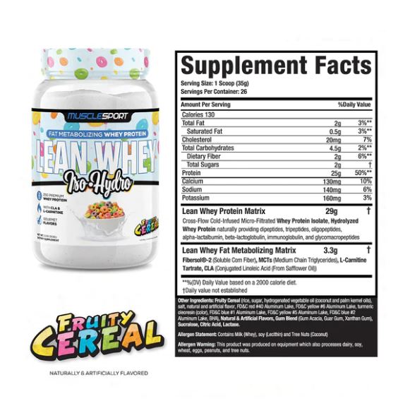 MUSCLESPORT Lean Whey fruity cereal flavor supplement facts