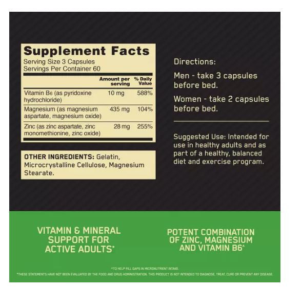 Optimum Nutrition Zinc Magnesium Aspartate Supplement Facts A1 Supplements Store