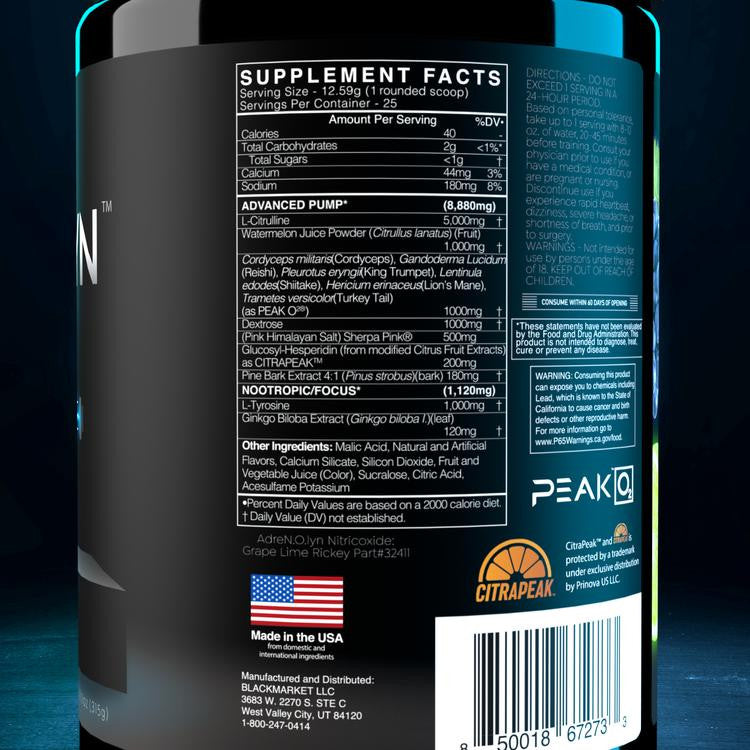 Black Market Labs AdreN.O.lyn Nitric Oxide Supplement Facts Label