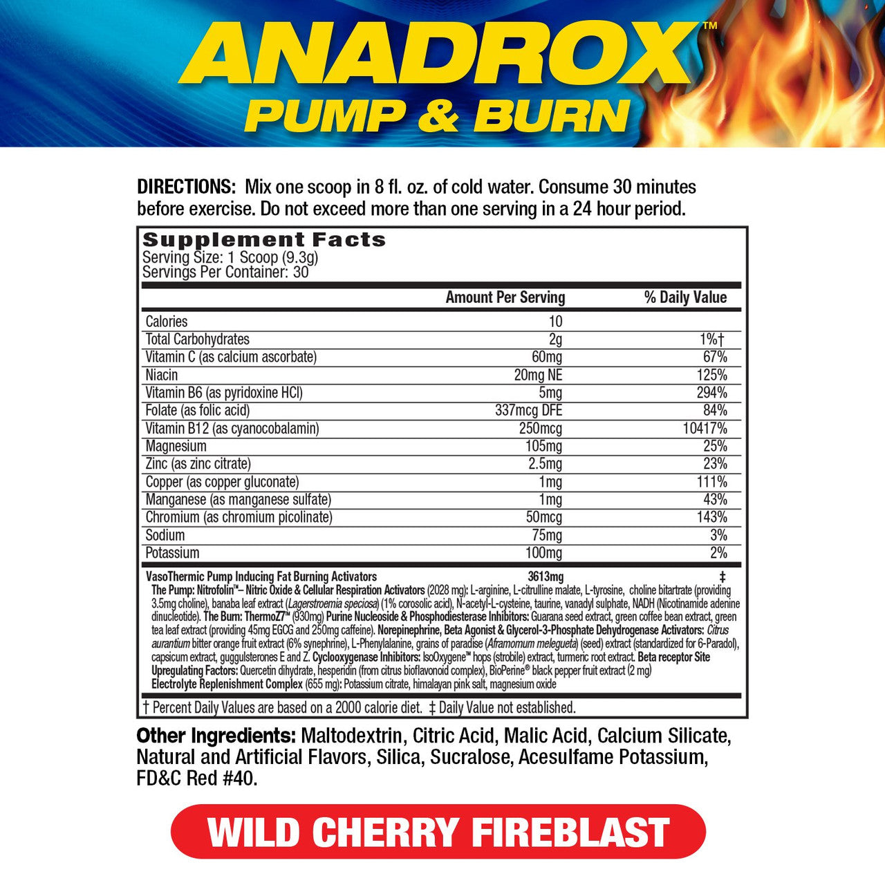 MHP Anadrox Pump & Burn Supplement Facts