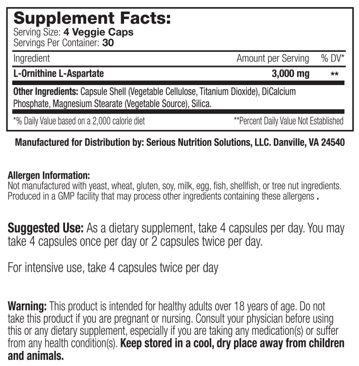 SNS L-Ornithine L-Aspartate - 120 Veggie caps Supplement Facts with Directions