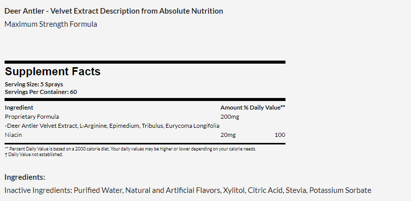 Absolute Nutrition Deer Antler Velvet Extract Supplement Facts Label