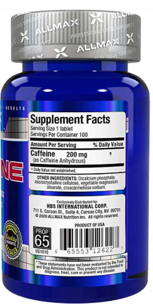 ALLMAX Nutrition Caffeine Pills Back Bottle 2