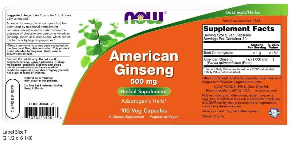 Now American Ginseng 500 MG supplement facts