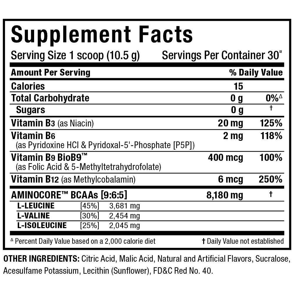 ALLMAX Nutrition Aminocore BCAA Supplement Facts Label