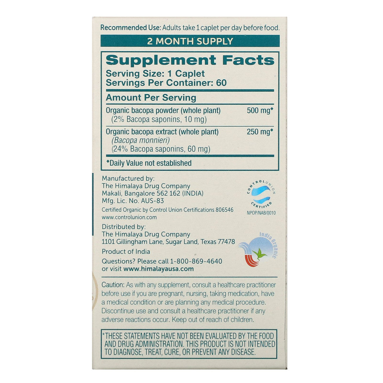 Himalaya Bacopa supplement facts