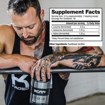 Kaged Muscle BCAA 2:1:1 in hand with nutritional facts