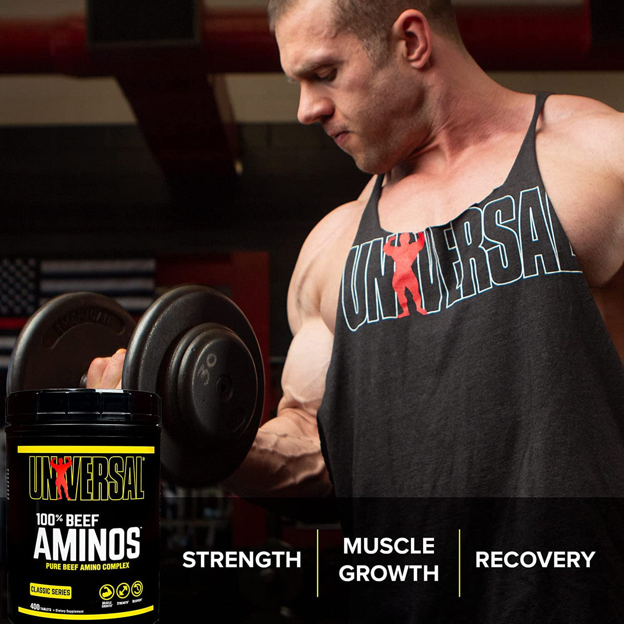 Universal Nutrition 100% Beef Aminos Product Highlights Man Working Out