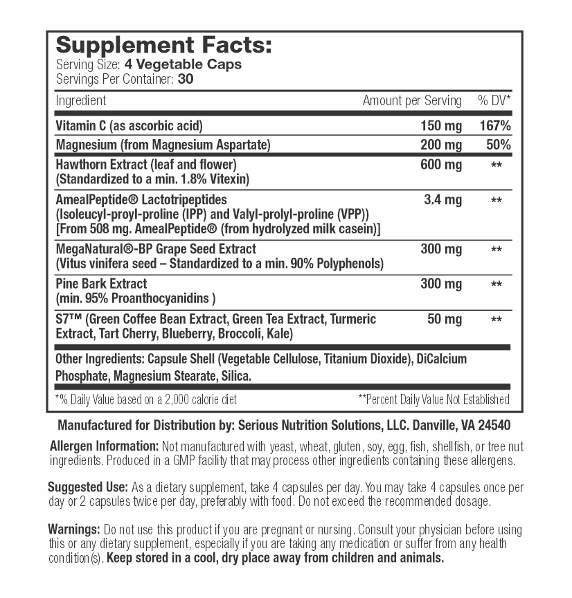 SNS Blood Pressure Support XT Supplement Facts Label