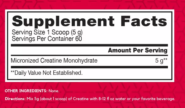 BSN Creatine Supplement Facts Label