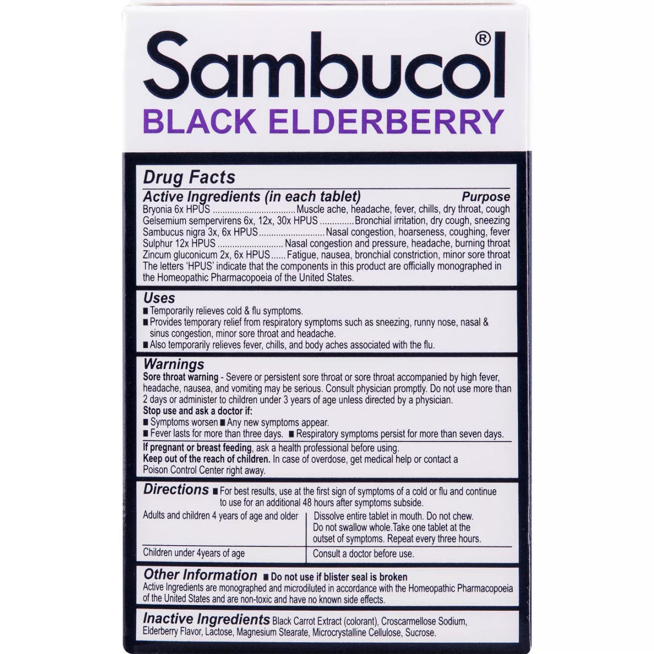 Sambucol Black Elderberry Cold & Flu Relief Supplement Facts