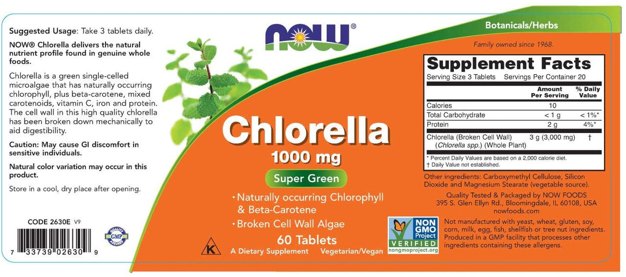 Now Chlorella 1000mg supplements facts