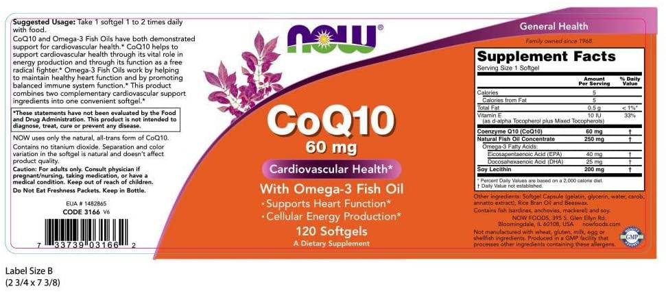 Now CoQ10 With Omega-3 Fish Oil 60mg bottle label