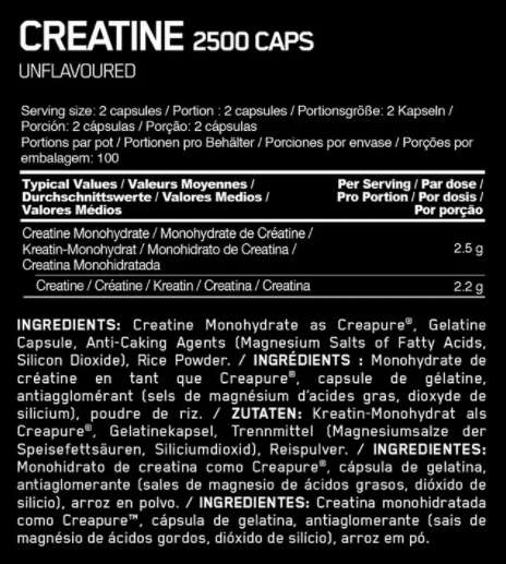 Optimum Nutrition Creatine 2500 Caps Supplement Facts