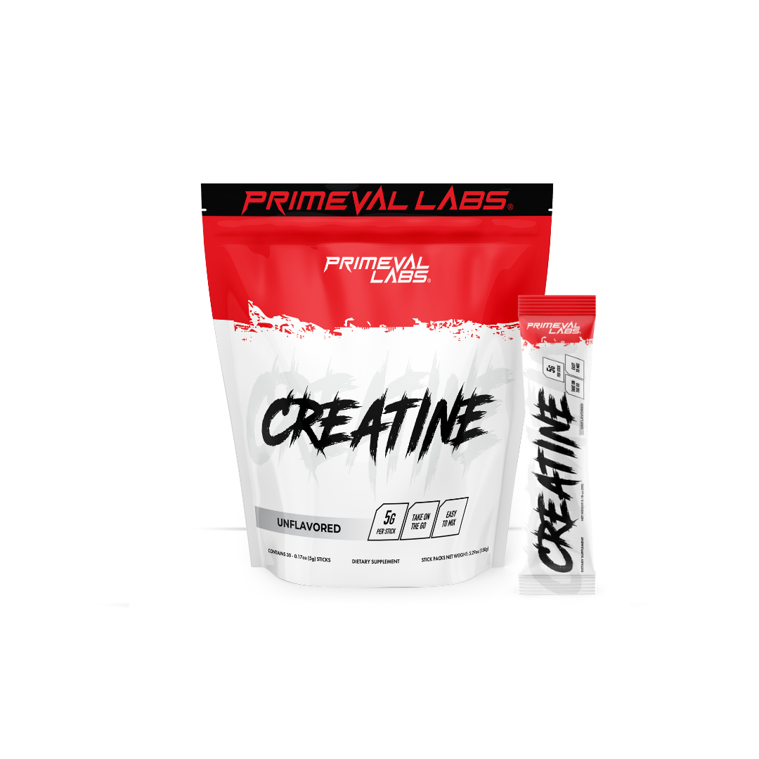 Primeval Labs Creatine main white, red and black package with sachet