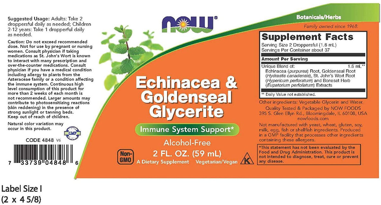 Now Echinacea & Goldenseal Glycerite bottle label