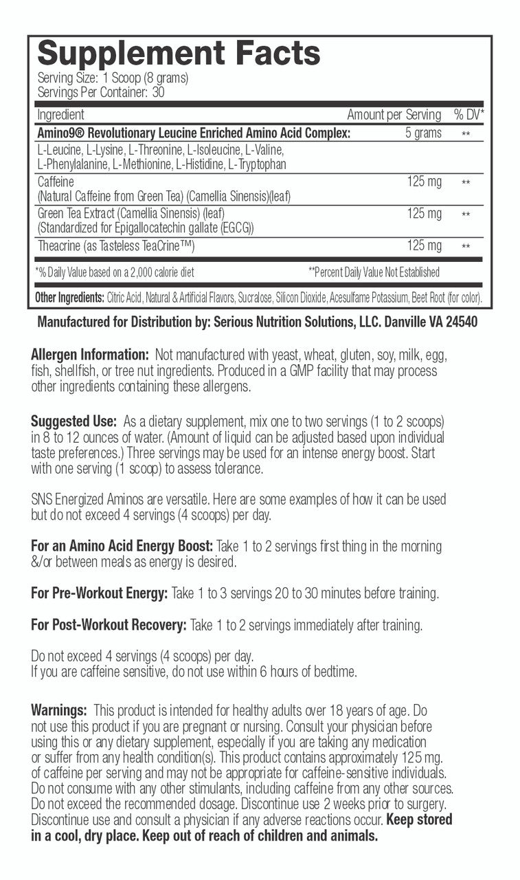 SNS Energized Aminos Supplement Facts