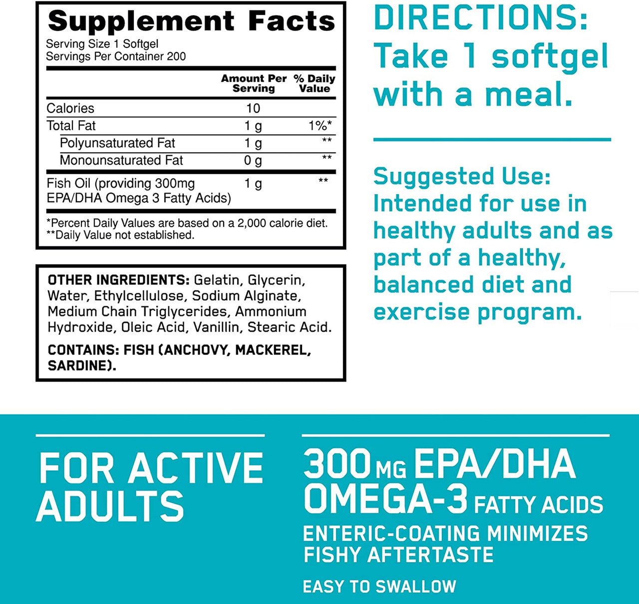 Optimum Nutrition Enteric Coated Fish Oil Supplement Facts