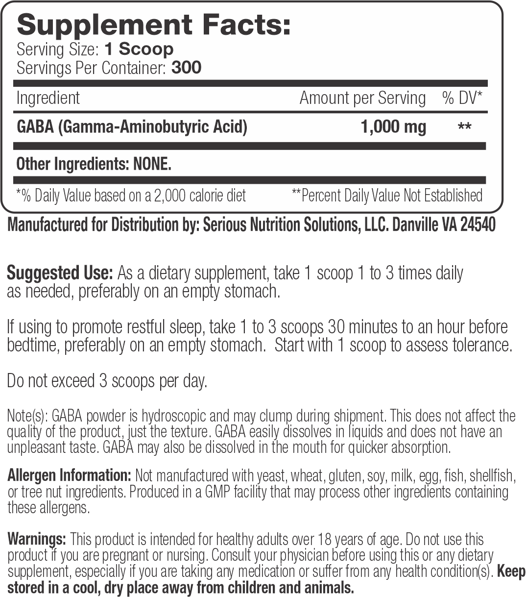 SNS GABA Powder Supplement Facts