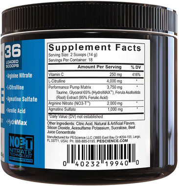 PEScience High Volume Supplement Facts on Bottle
