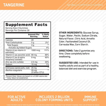 Optimum Nutrition Immunity + Probiotic Gummies Supplement Facts