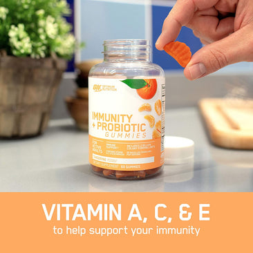 Optimum Nutrition Immunity + Probiotic Gummies Product Highlights Vitamin A, C, & E