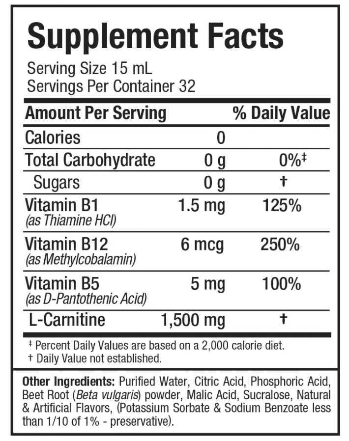 Allmax Nutrition Liquid L-Carnitine 1500 Supplement Facts Label