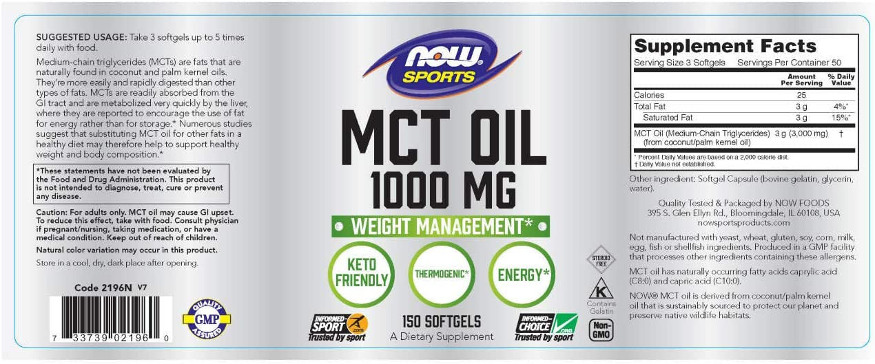 Now MCT Oil Softgels 1000mg supplement facts