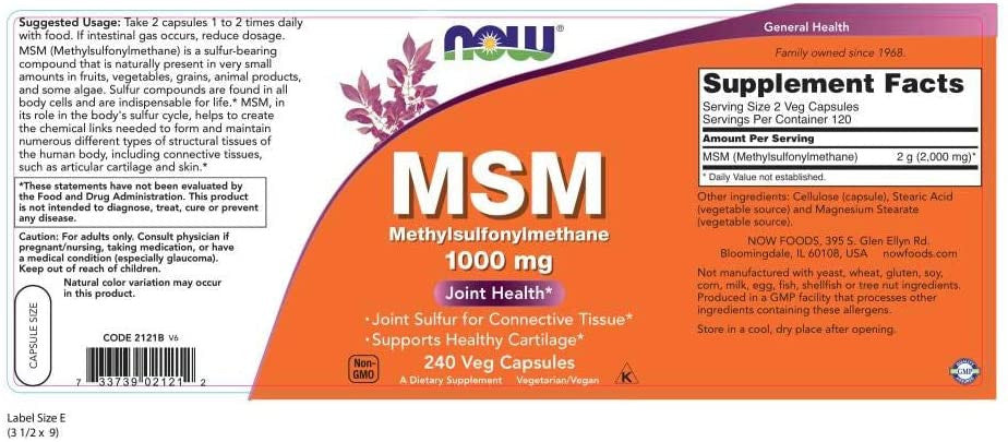 Now MSM 1000 mg bottle label