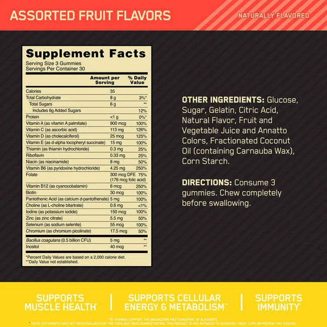 Optimum Nutrition Opti-Men Multi/Probiotic Gummy Supplement Facts