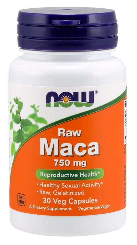 Now Raw Maca 750 mg 30 Capsules Bottle