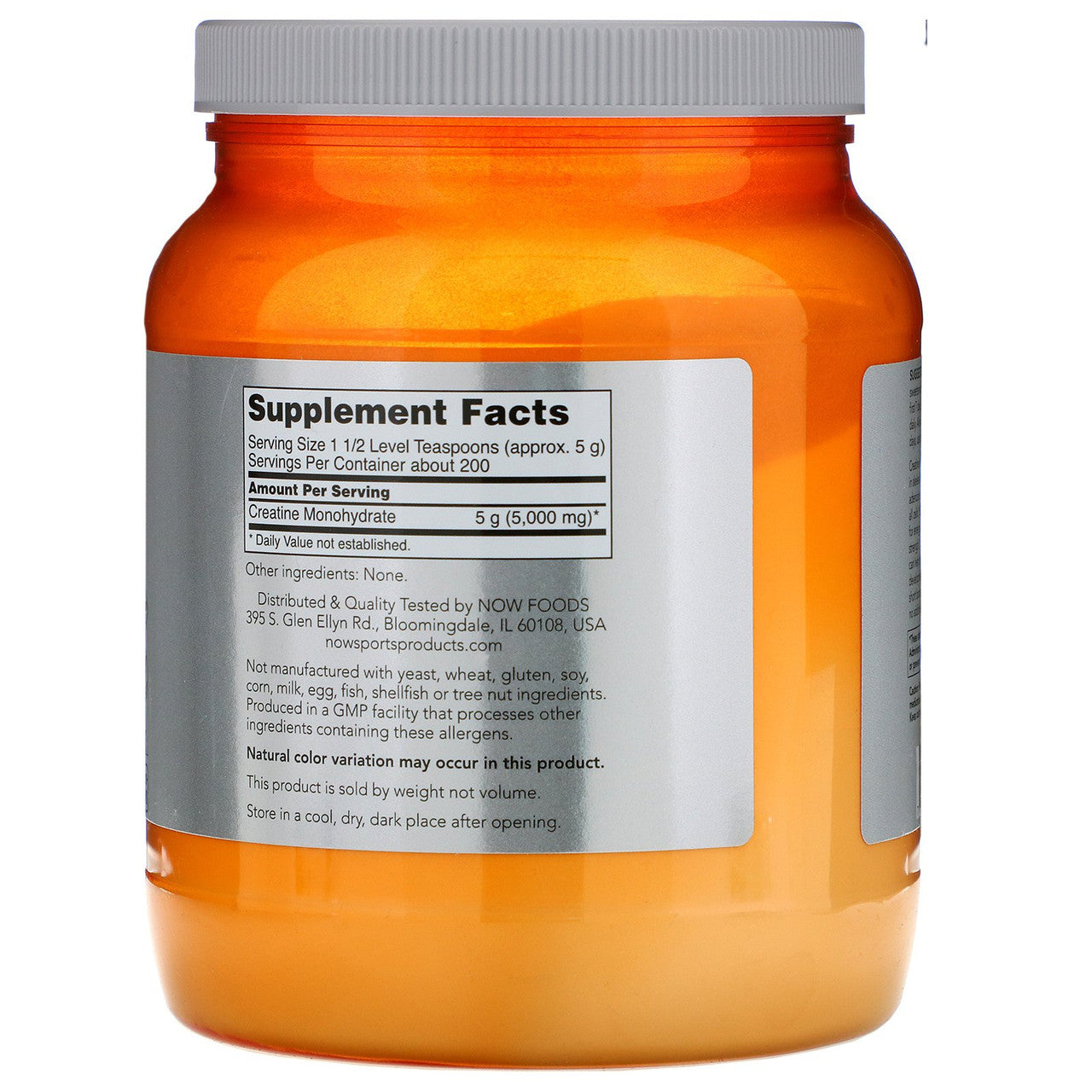 Now Creatine Monohydrate Powder Supplement Facts Label