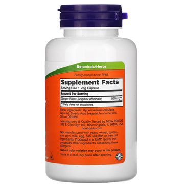 Now Ginger Root 550mg Supplement Facts Label