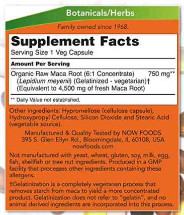 Now Raw Maca 750 mg 90 Capsules Supplement Facts