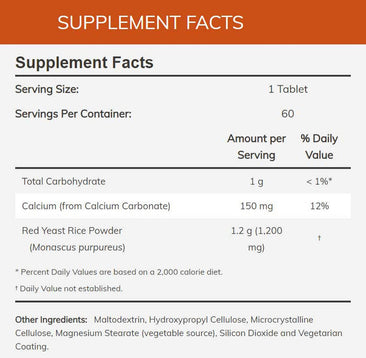 Now Red Yeast Rice 1200mg Supplement Facts