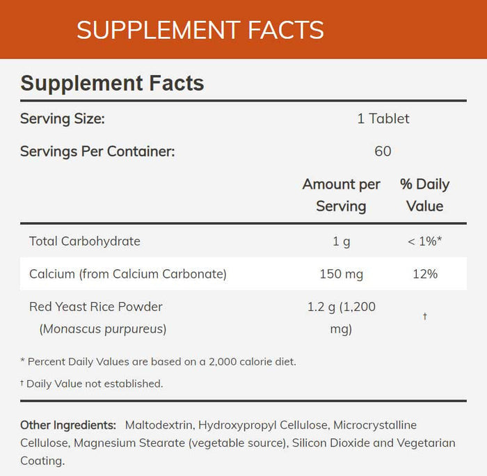 Now Red Yeast Rice 1200mg Supplement Facts