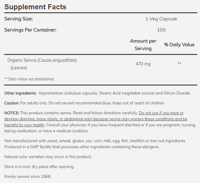 Now Senna Leaves 470mg Supplement Facts