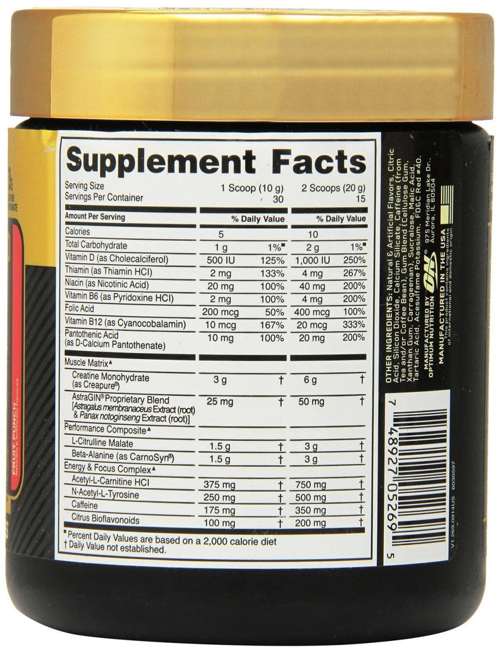 Optimum Nutrition Gold Standard Pre-Workout Supplement Facts