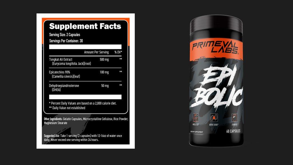 Primeval Labs Epibolic Supplement Facts with main Orange black bottle