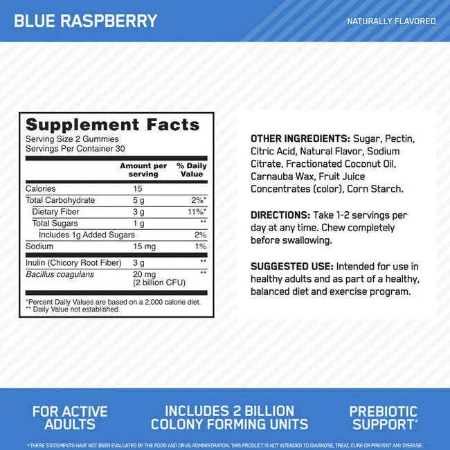 Optimum Nutrition Prebiotic + Probiotic Gummies Supplement Facts