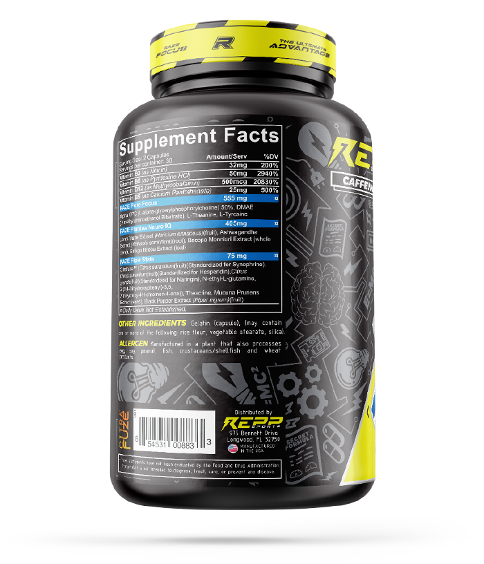 Repp Sports Raze Focus Caffeine Free Supplement Facts on Bottle
