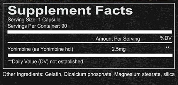 Redcon1 Yohimbine HCL Supplement Facts Label