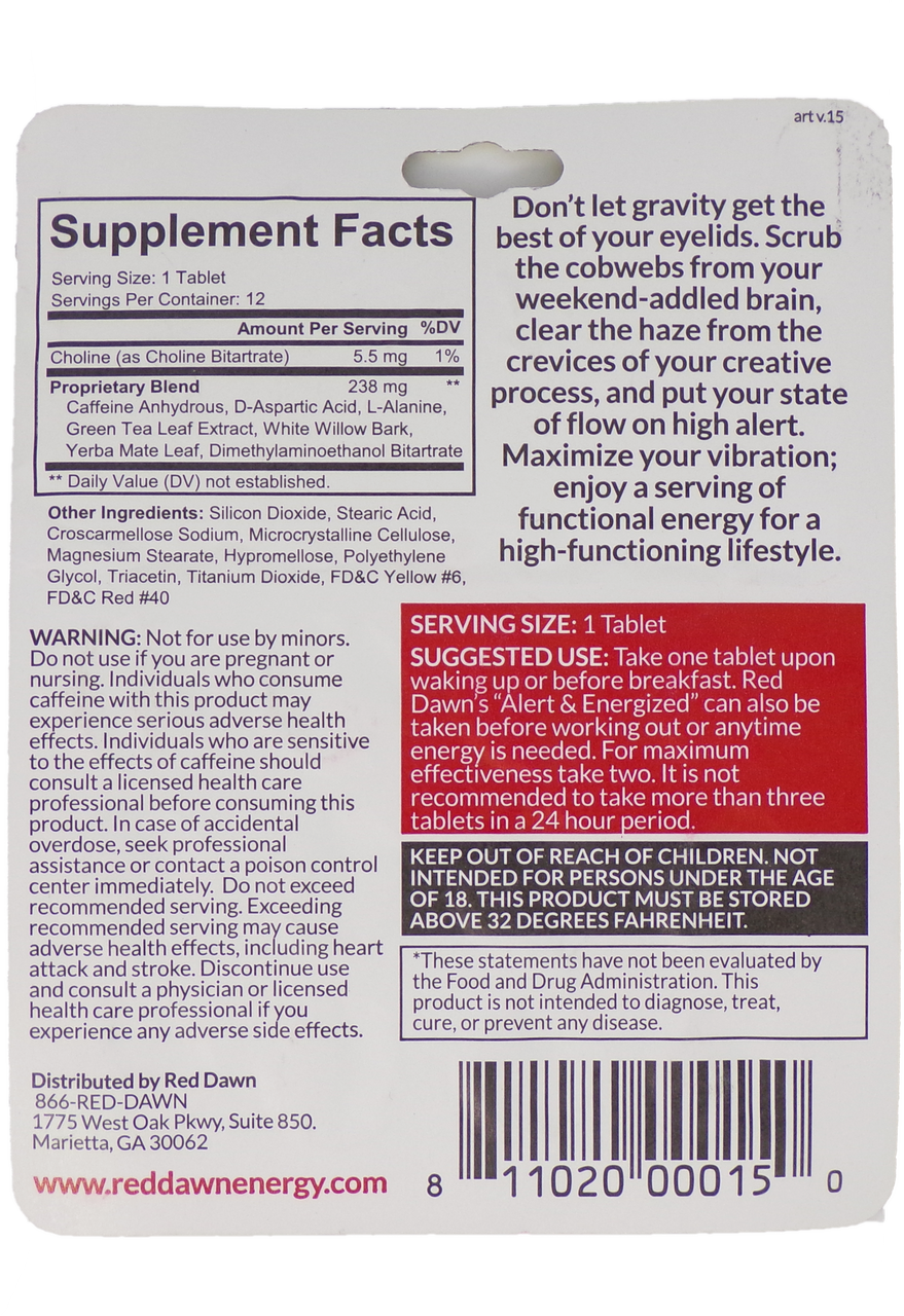 Red Dawn Alert & Energized Supplement Facts Label