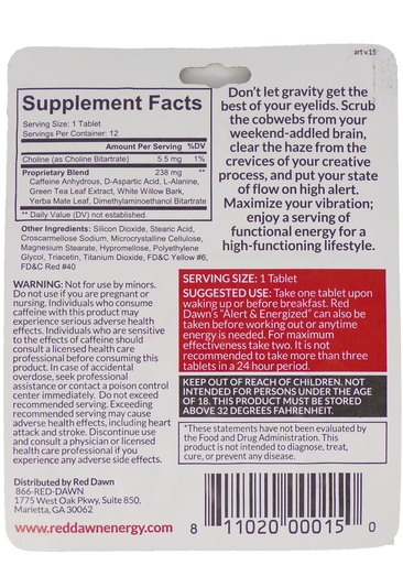 Red Dawn Alert & Energized Supplement Facts Label