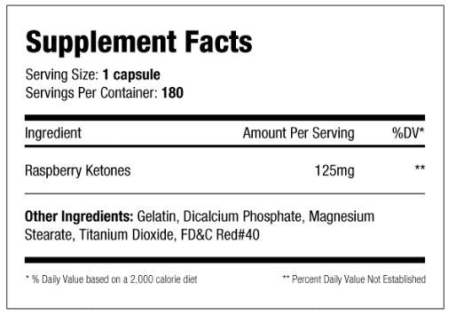 SNS RK-125 (Raspberry Ketones) Supplement Facts
