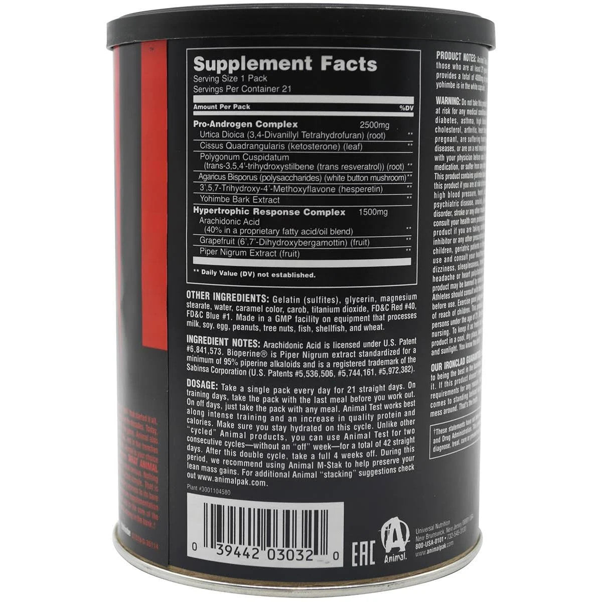 Animal Test supplement facts bottle