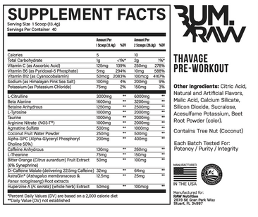 Raw Nutrition Thavage Pre-Workout Supplement Facts