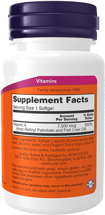Now Vitamin A 25,000 IU supplement facts